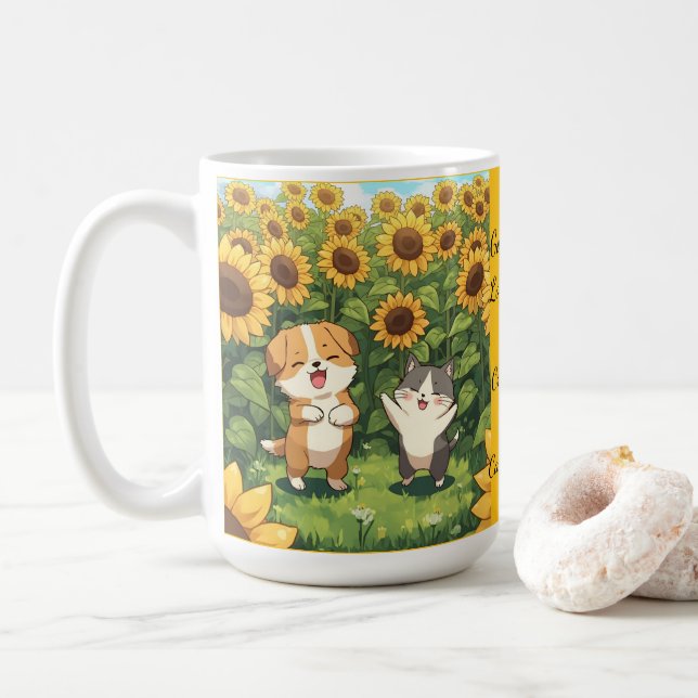 Mug Champs de Tournesols Chat et Chien Mignons (Avec donut)