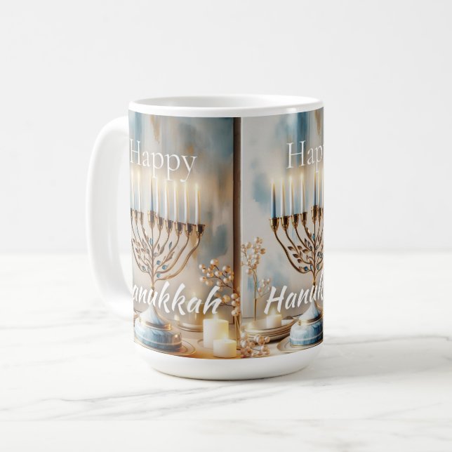 Mug Chandeleur de Hanukkah aquarelle luxe moderne  (Devant gauche)
