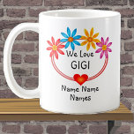 Mug Change ALL Names  Kids Names GIGI Flower Heart<br><div class="desc">Change Any Text - Add the Grandmother Name you want - add the kids name - as few or as many as you want - See my store for lots more gifts for  & from Grandparents.</div>