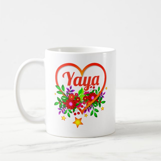 Mug Changer le nom de grand-mère - Yaya - Coeur et fle (Gauche)