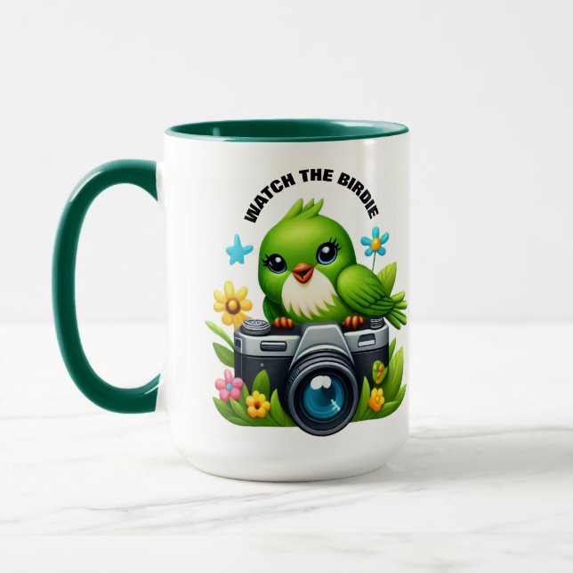 Mug Chanson d'oiseau amusant assis sur une caméra (Gauche)