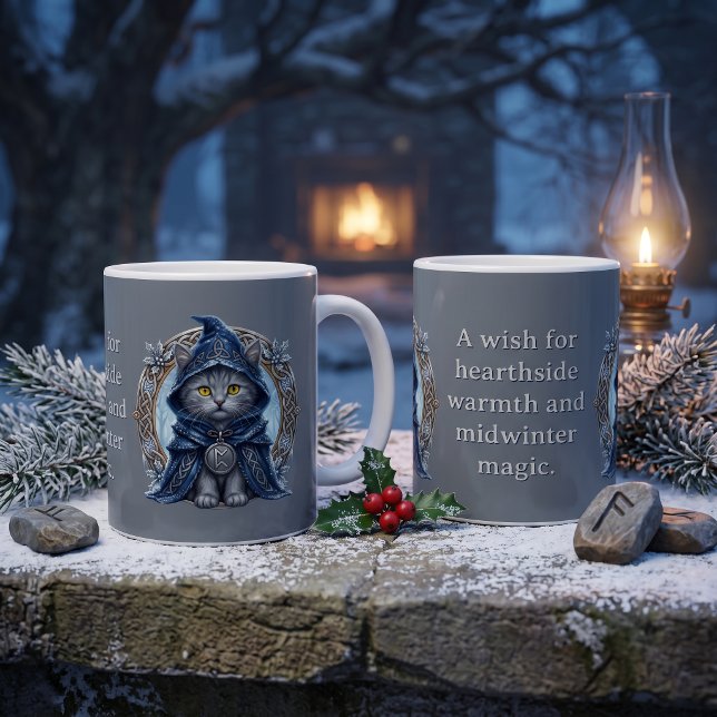 Mug Chanteur du Solstice Hiver Folklore Celtique Chat  (Pagan Winter Solstice Celtic Rune Druid Cat Lover mug gift. Yule Christmas gifts. Gray kitten art)
