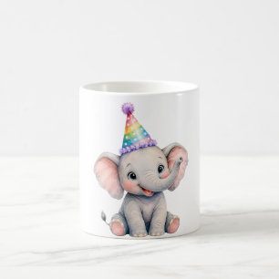Mug Chapeau de fête d'anniversaire éléphant bébé aquar