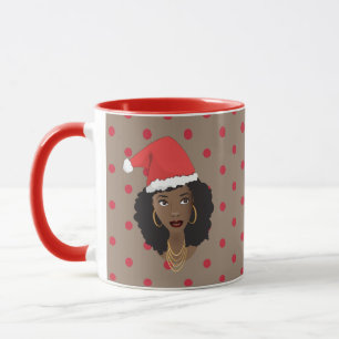 Mug Chapeau de Noël, Femme noire, Points rouges, Brown