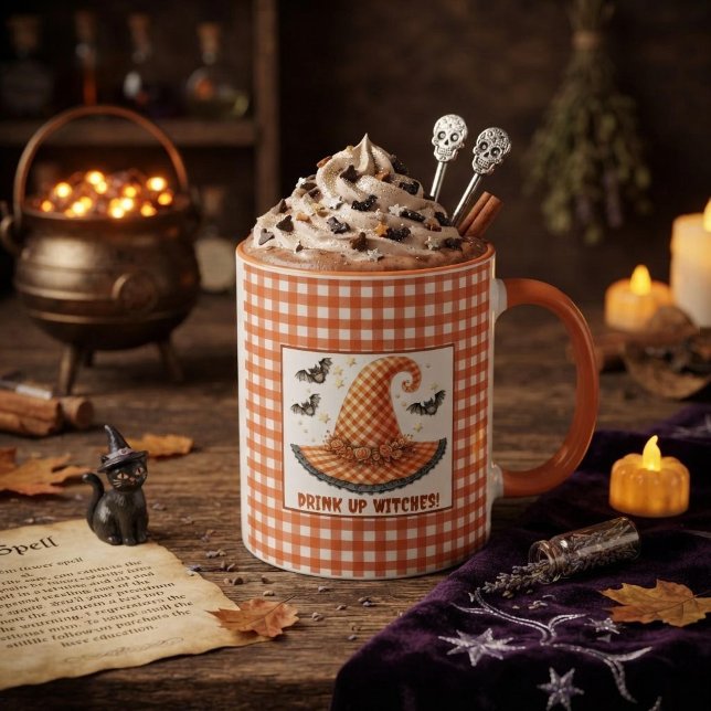 Mug Chapeau de sorcière Halloween en vichy orange & ch (Créateur téléchargé)
