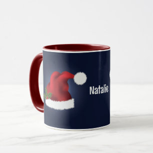 Mug Chapeau Festif Rouge Sur Bleu Avec Nom Personnalis