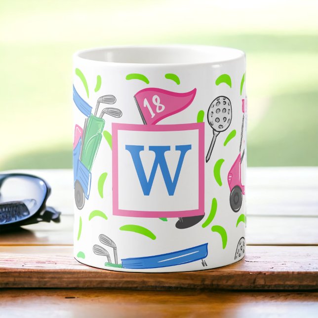 Mug Chariot de golf vert rose élégant Monogramme perso (Créateur téléchargé)