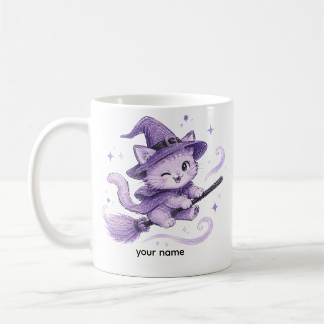 Mug Charmante sorcière chat violet sur balai Halloween (Gauche)