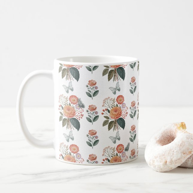 Mug Charme à fleurs avec ailes de papillon (Avec donut)