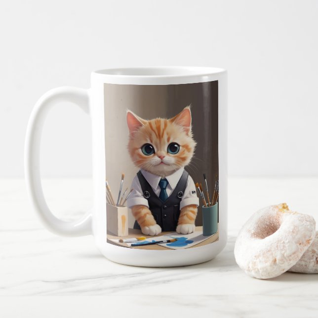 Mug Charming Ginger Cat Artiste avec pinceaux mignonne (Avec donut)
