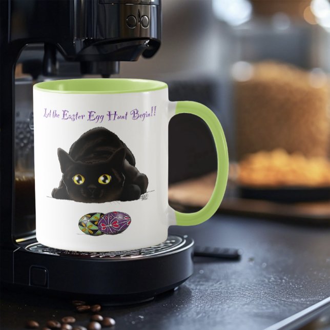 Mug Chasse aux œufs de Pâques de chat noir Fête jaune (Créateur téléchargé)