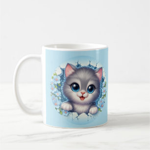 Mug Chat 3D adorable regardant à travers un mur floral
