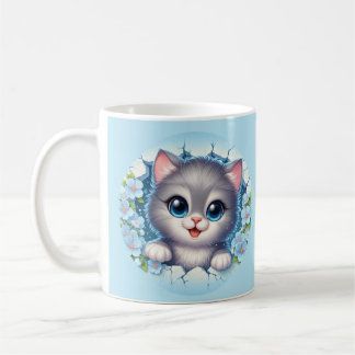 Mug Chat 3D adorable regardant à travers un mur floral