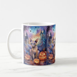 Mug Chat abyssin d'Halloween avec citrouilles effrayan