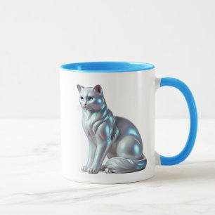 Mug Chat assis en 3D, argenté avec reflets lumineux.