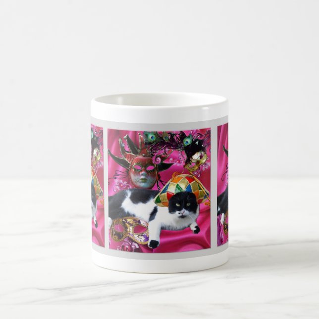 MUG CHAT AVEC CASQUETTE HARLEQUIN ET MASQUERADE DE FÊT (Centre)