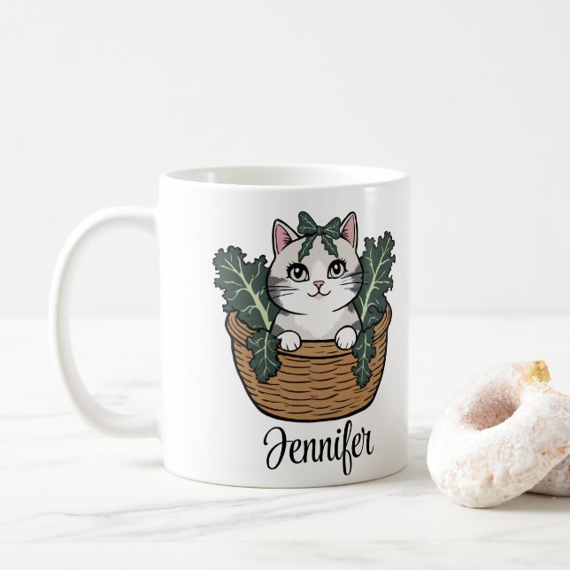 Mug Chat avec Kale dans le panier Nom personnalisé (Avec donut)