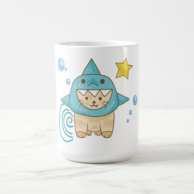 Mug Chat beige mignon en costume de requin, thème aqua (Centre)