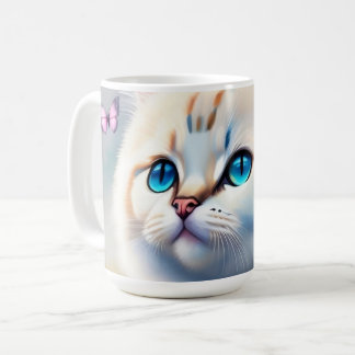 Mug chat blanc aux yeux bleus, peinture à l'aquarelle