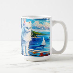 Mug Chat blanc dans le rebord de fenêtre Vue sur l'océ