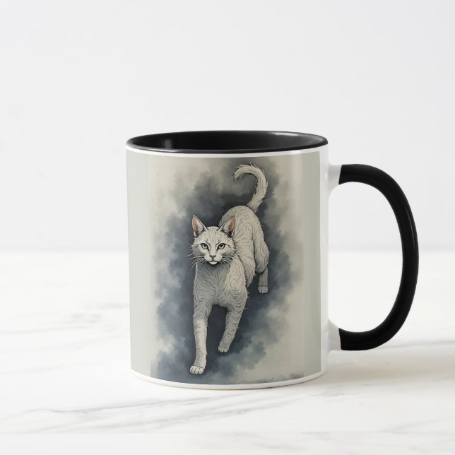 Mug Chat blanc dans un style de dessin à l'encre chino (Droite)