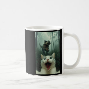 Mug Chat blanc drôle selfie avec T-rex dinosaure, chat