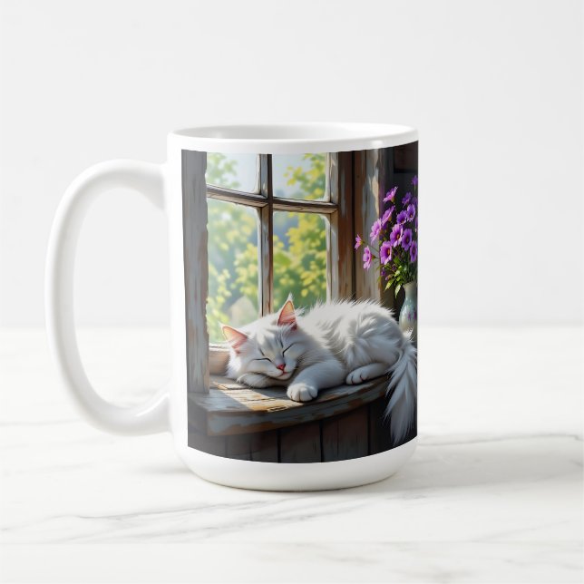 Mug Chat blanc endormi et fleurs violettes  (Gauche)