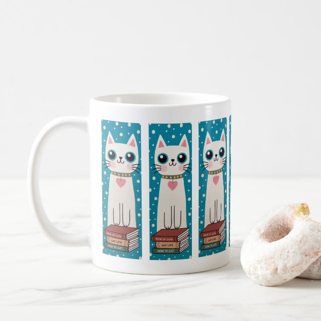 Mug Chat Blanc Fantaisiste Doodle et Livres (Avec donut)