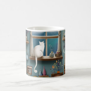 Mug Chat blanc fantaisiste regardant par la fenêtre