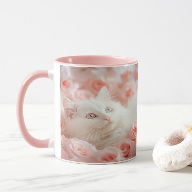 Mug Chat Blanc Mignon dans des Fleurs de Rose (Avec donut)