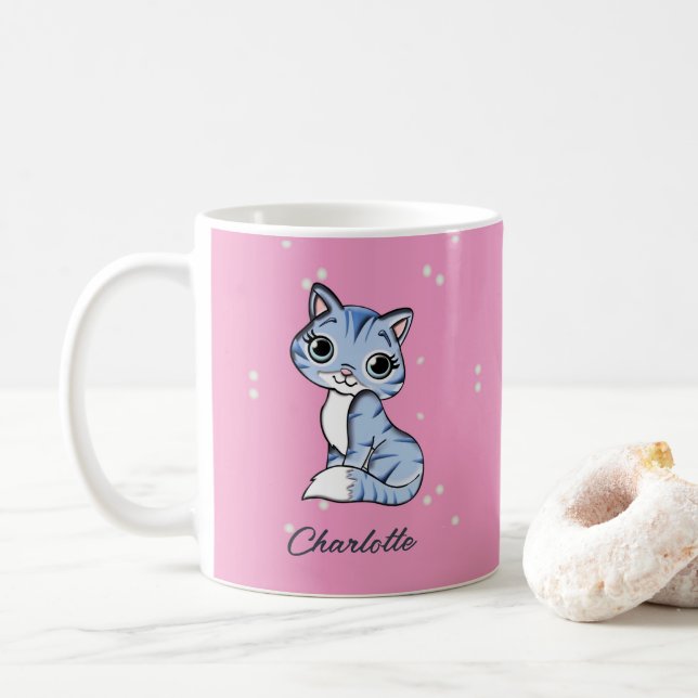 Mug Chat bleu mignon sur nom personnalisé rose (Avec donut)