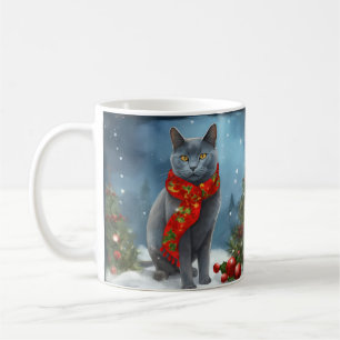 Mug Chat bleu russe à Noël de neige