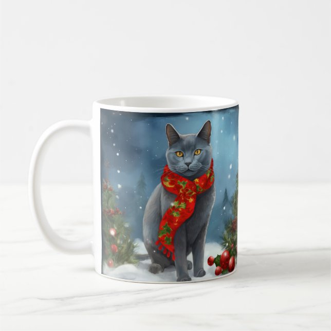 Mug Chat bleu russe à Noël sous la neige (Gauche)