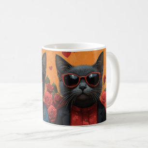 Mug Chat bleu russe avec roses en forme de cœur pour l