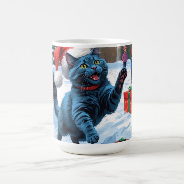 Mug Chat Bleu Russe Courant dans la Neige avec un Chap (Centre)