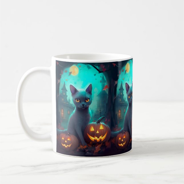 Mug Chat bleu russe d'Halloween avec la peur Citrouill (Gauche)