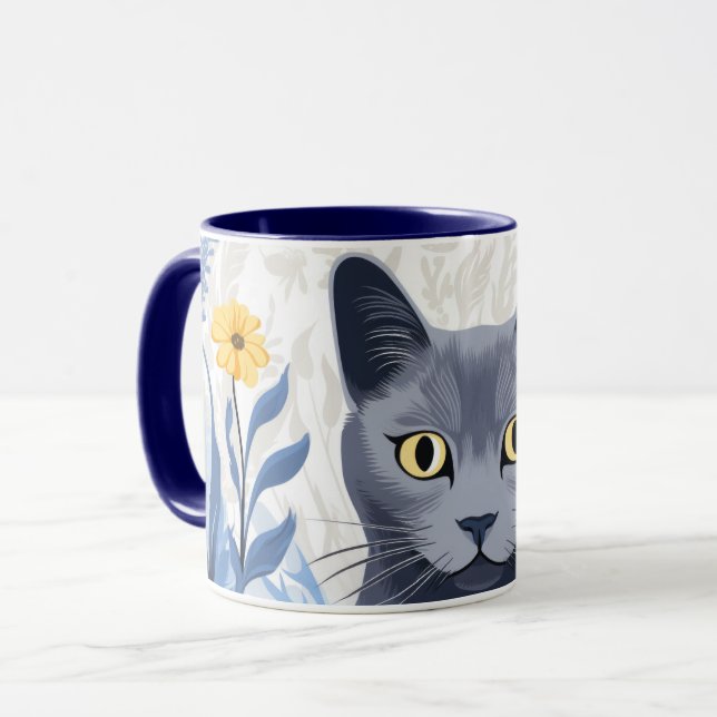 Mug Chat Bleu Russe Fleurs Jaunes (Devant gauche)