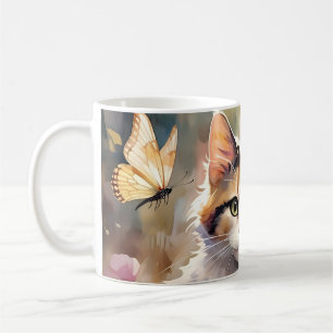 Mug Chat calico et papillons dans un jardin printanier