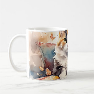 Mug Chat calicot aquarelle fantaisiste et papillons