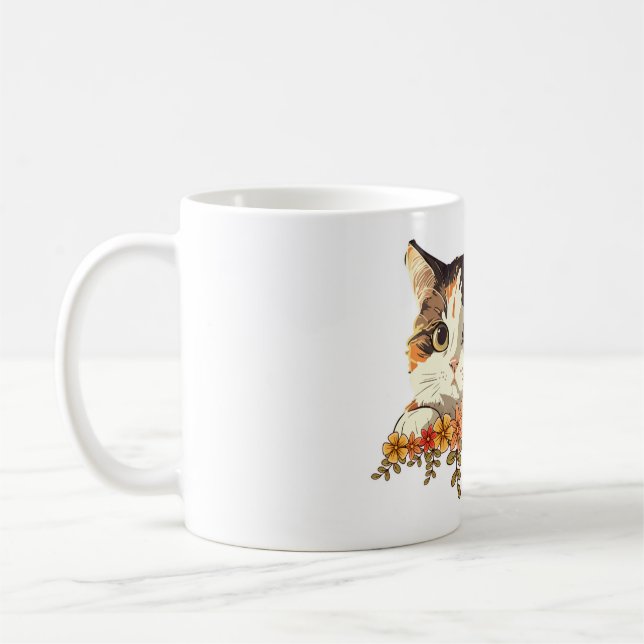 Mug Chat calicot mignon Art floral qui regarde (Gauche)