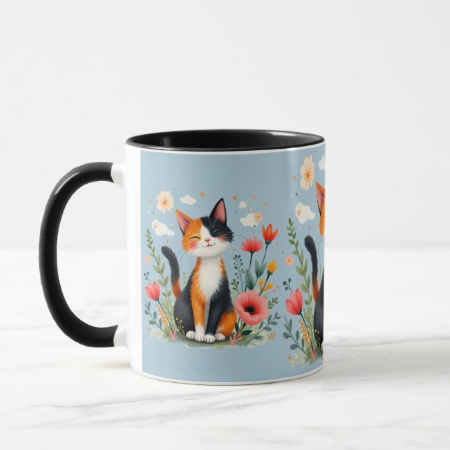 Mug Chat calicot souriant dans un jardin fleuri bleu (Gauche)
