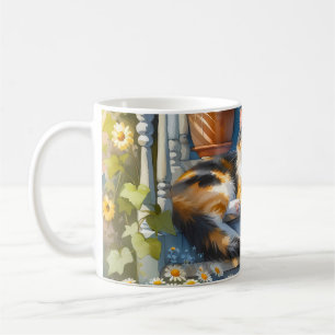 Mug Chat calicot sur une véranda fleurie Cottagecore