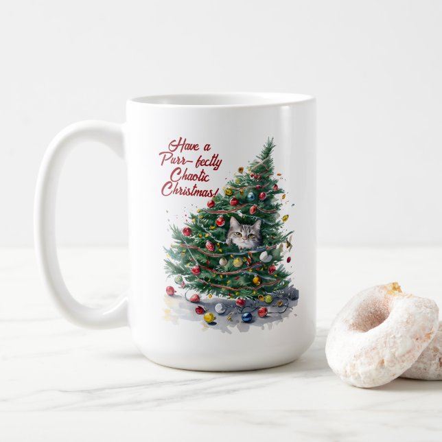 Mug Chat Chaos Arbre de Noël Design Aquarelle (Avec donut)