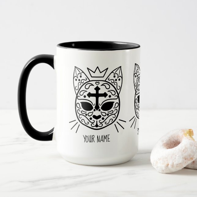 Mug Chat chaton à sucre de Goth blanc avec votre nom (Avec donut)