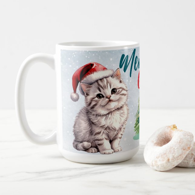 Mug Chat chaton chatte à l'aquarelle mignonne Père Noë (Avec donut)