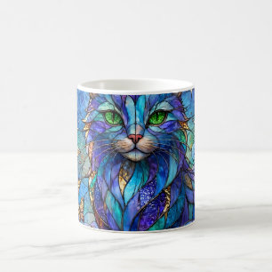 Mug Chat Cosmique Vitrail Surréaliste Yeux Bleus Verts