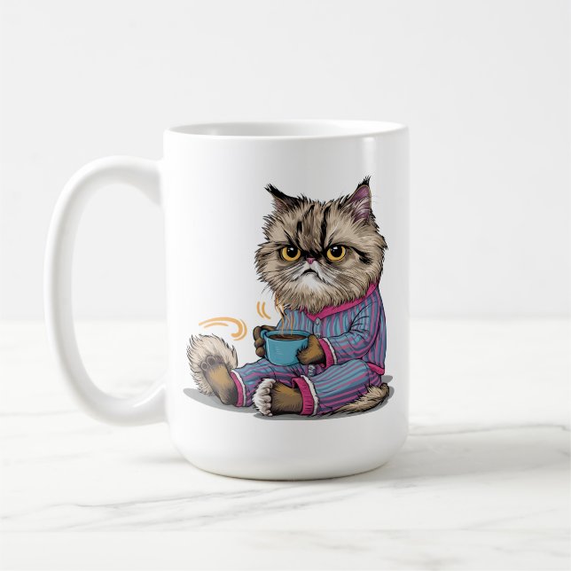 Mug Chat croustillant en pyjama avec café (Gauche)