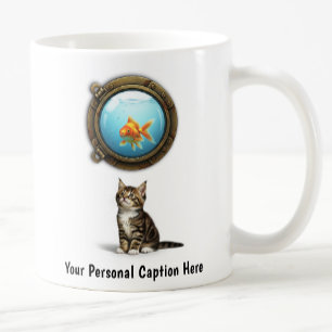 Mug Chat curieux et poisson d'or dans un hublot