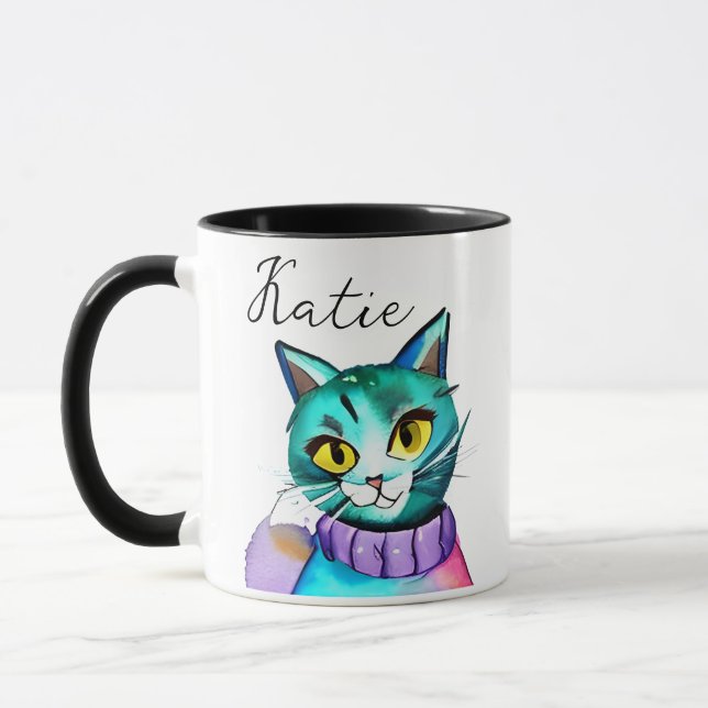 Mug Chat Cute Bleu Kitty Personnalisé (Gauche)