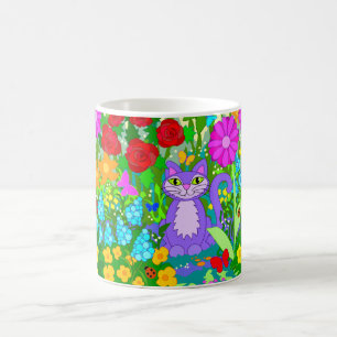 Mug Chat dans le jardin papillons colorés fleurs de fa